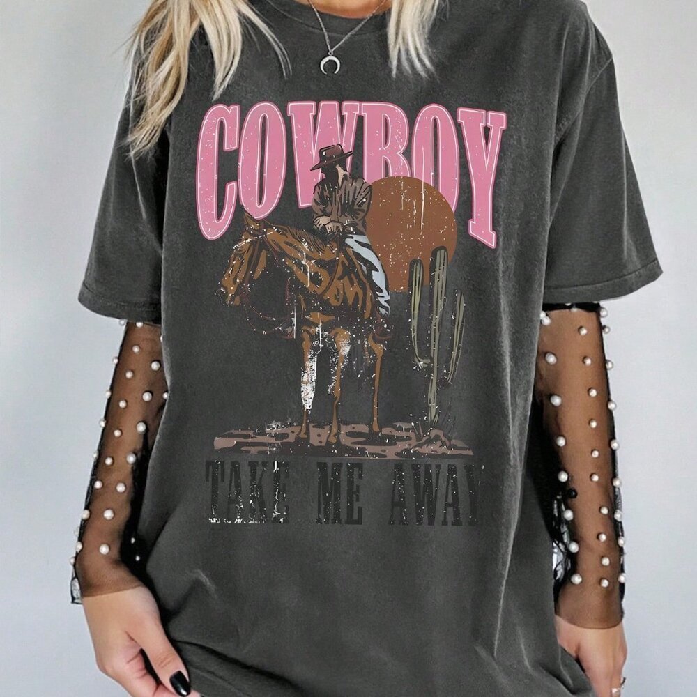 Dark Grey Casual Women's Plus Size Holiday Western Style Cowboy Print T-Shirt